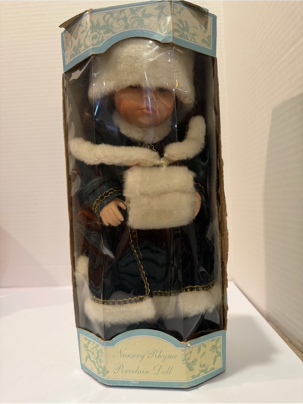 Vintage 2000 Brinns Porcelain Doll Winter Green Velvet Dress Faux Fur Hat MIB